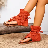 Women's Tassel Gladiator Sandals Thong Flip Flops Ankle Wrap Fringe Flat Heel Summer Beach Shoes - Image 6