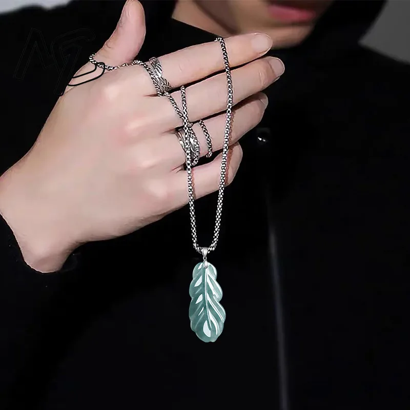 S925 Silver Natural Emerald Jade Blue Water Feather Pendant Necklace Carved Charm Jadeite Jewelry Fashion Gifts Certificate view 3