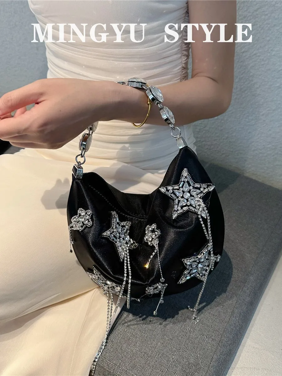 

Новинка 2025, французская фея, встроенная сумка со стразами, винтажная атласная сумка для переноски под мышками, сумка для ужина, сумка с полиэстеровой подкладкой, основной материал из искусственной кожи