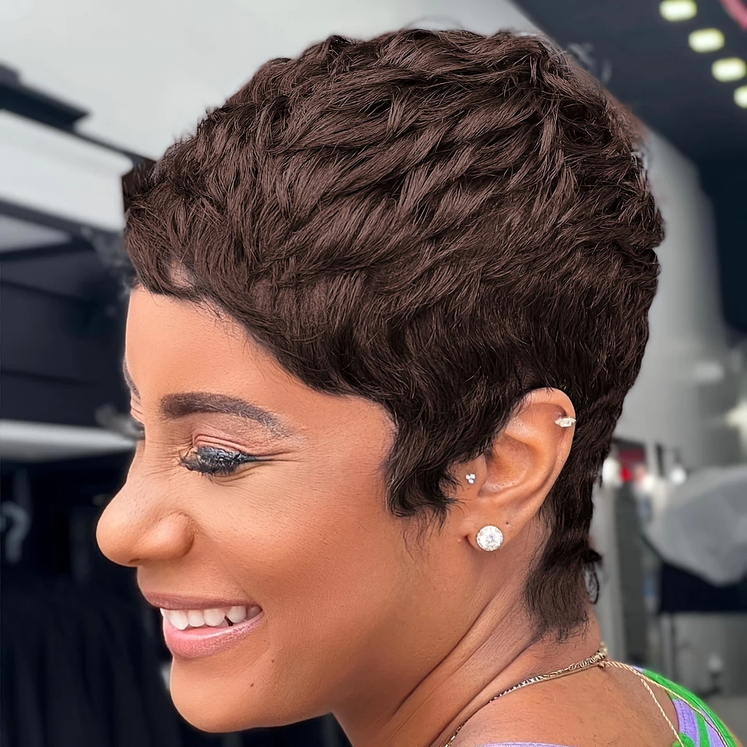

100% Human Hair Pixie Wig Short Layered Wigs 180% Density Machine Made Wig for Women