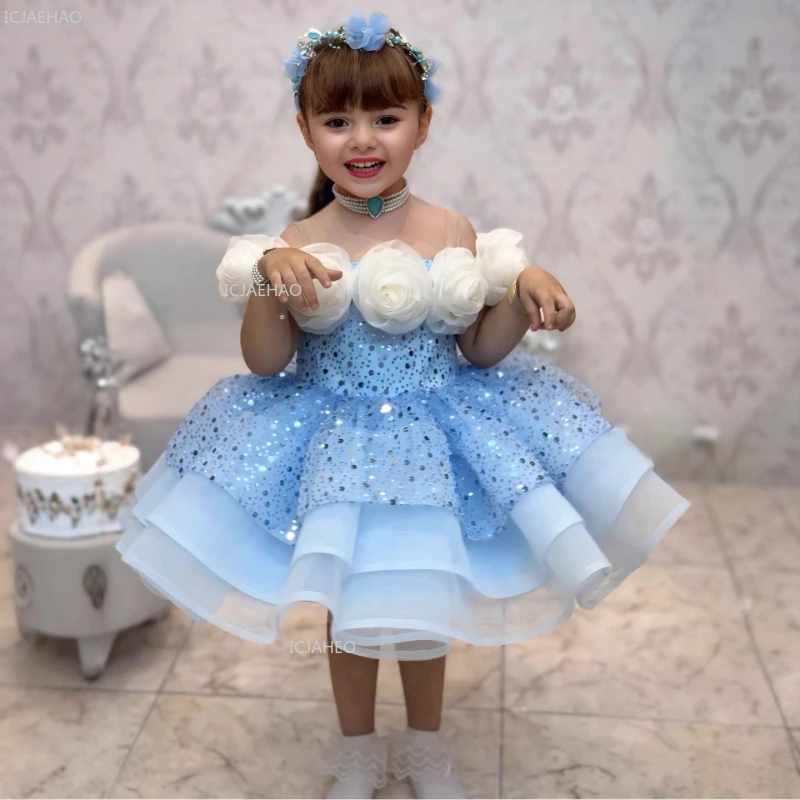 Luxurious Flowers Child Birthday Party Dress Sparkly Girl Wedding Party Dress Puff Flower Girl Dress Baby First Gown Customize