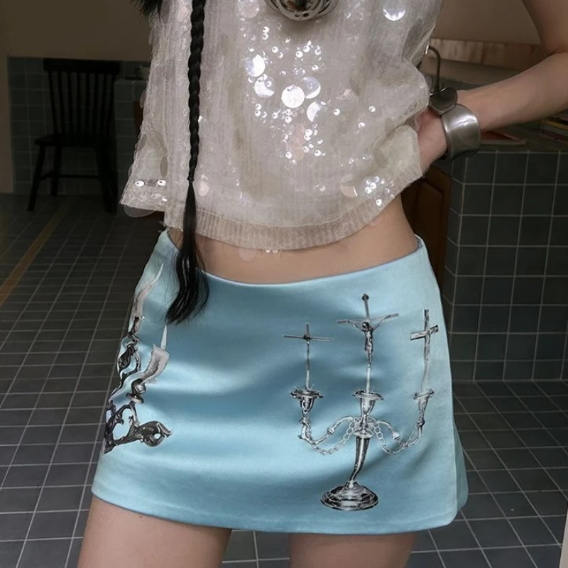 Y2K Clothes 2000s Sexy Mini Skirt Print Streetwear Clubs Party Evening Dress Skort Skirts Harajuku Angel Skirt Kawaii Skirts