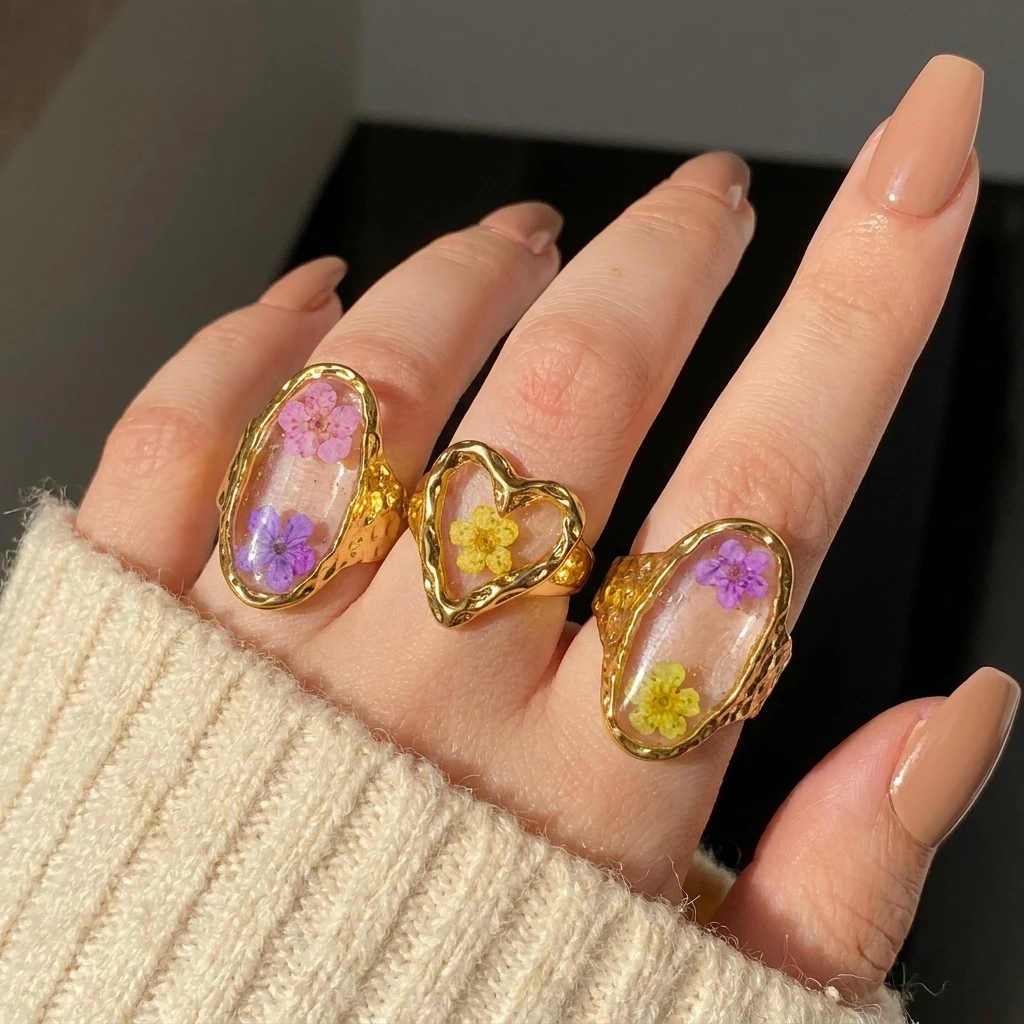 Resin Art Ring - Romantic Flower Resin Heart 18K Stainless