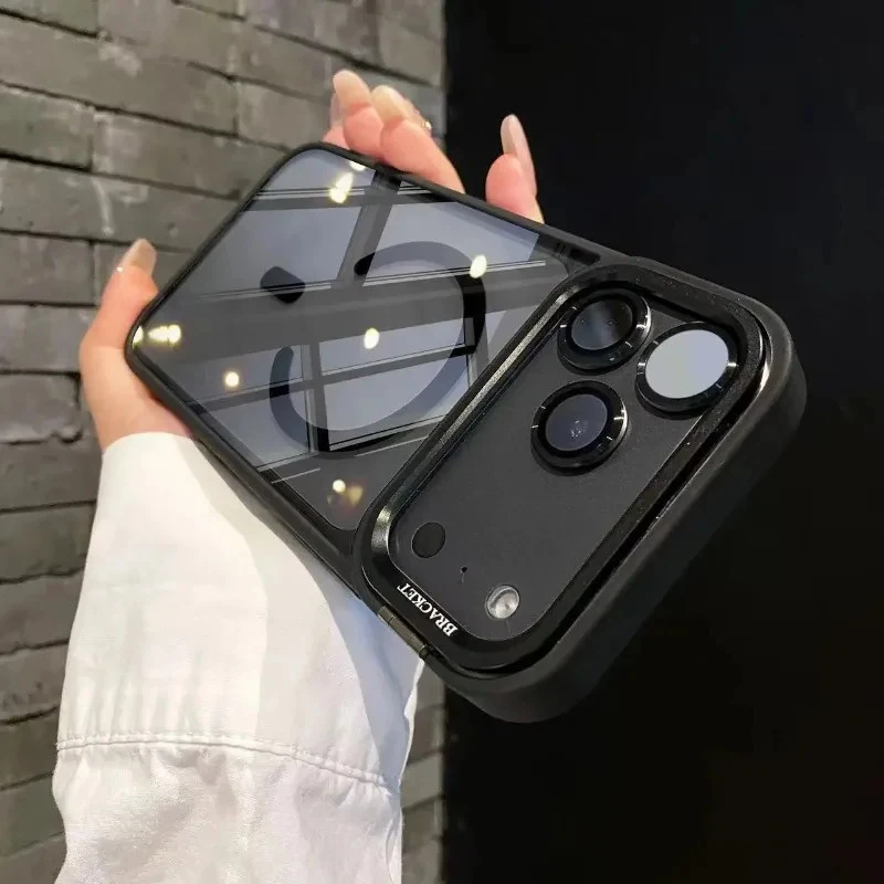 Phone Case: Luxury Transparent Magnetic Bracket Phone Case For iPhone 18 17 16 13 15 14 Pro Max Metal Lens Holder Clear Cover view 6