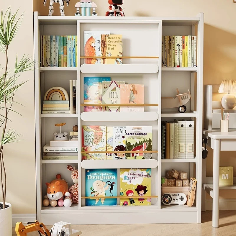 Solid Wood Floor-standing Bookshelf For Children's Room Picture Book Rack Sliding Door Baby Reading Area Storage Cabinet