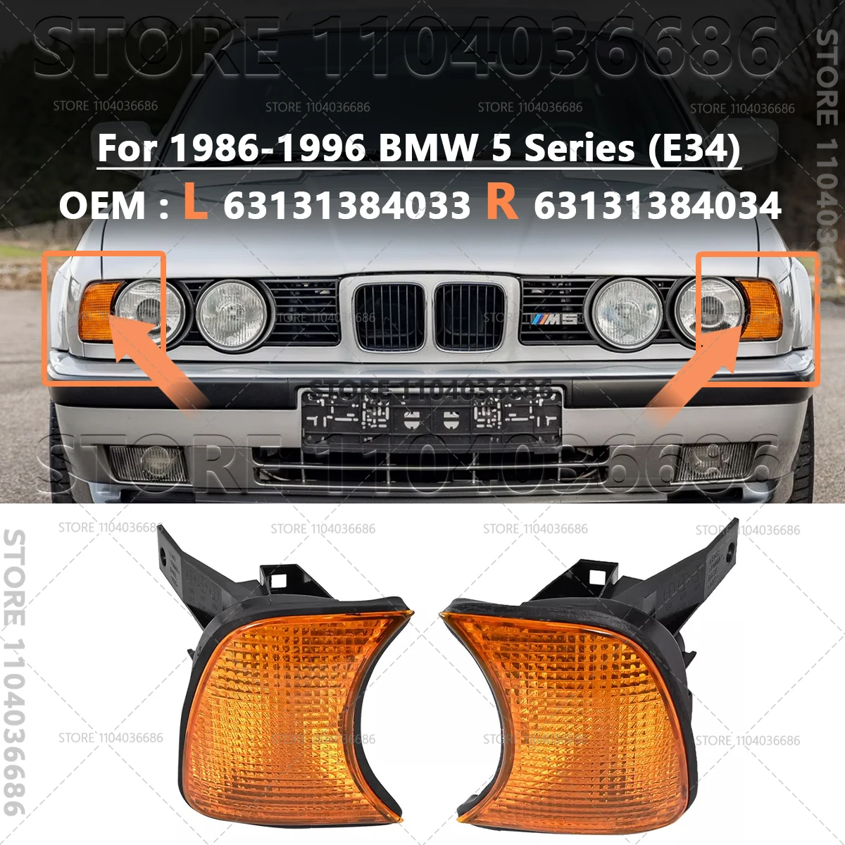 For 1986-1996 BMW 525i 530i 535i 540i M5 (E34) Front Bumper Corner Turn Signals Lights 63131384033 63131384034 view 3