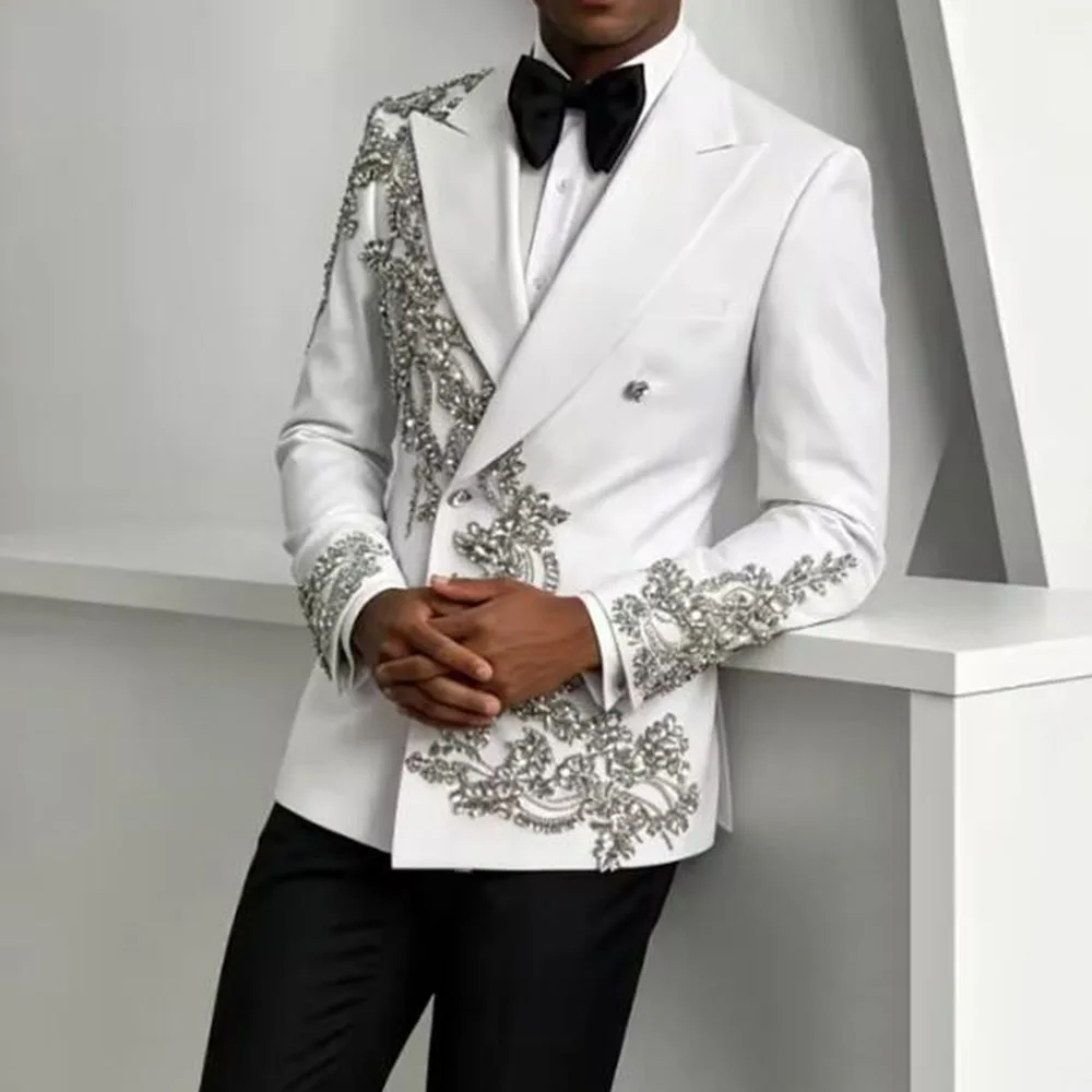 Men Double Breasted Suit 2‑Piece Jacket Pants Stylish Formal Attire Groom Party Wedding Prom Celebration Events Clothing