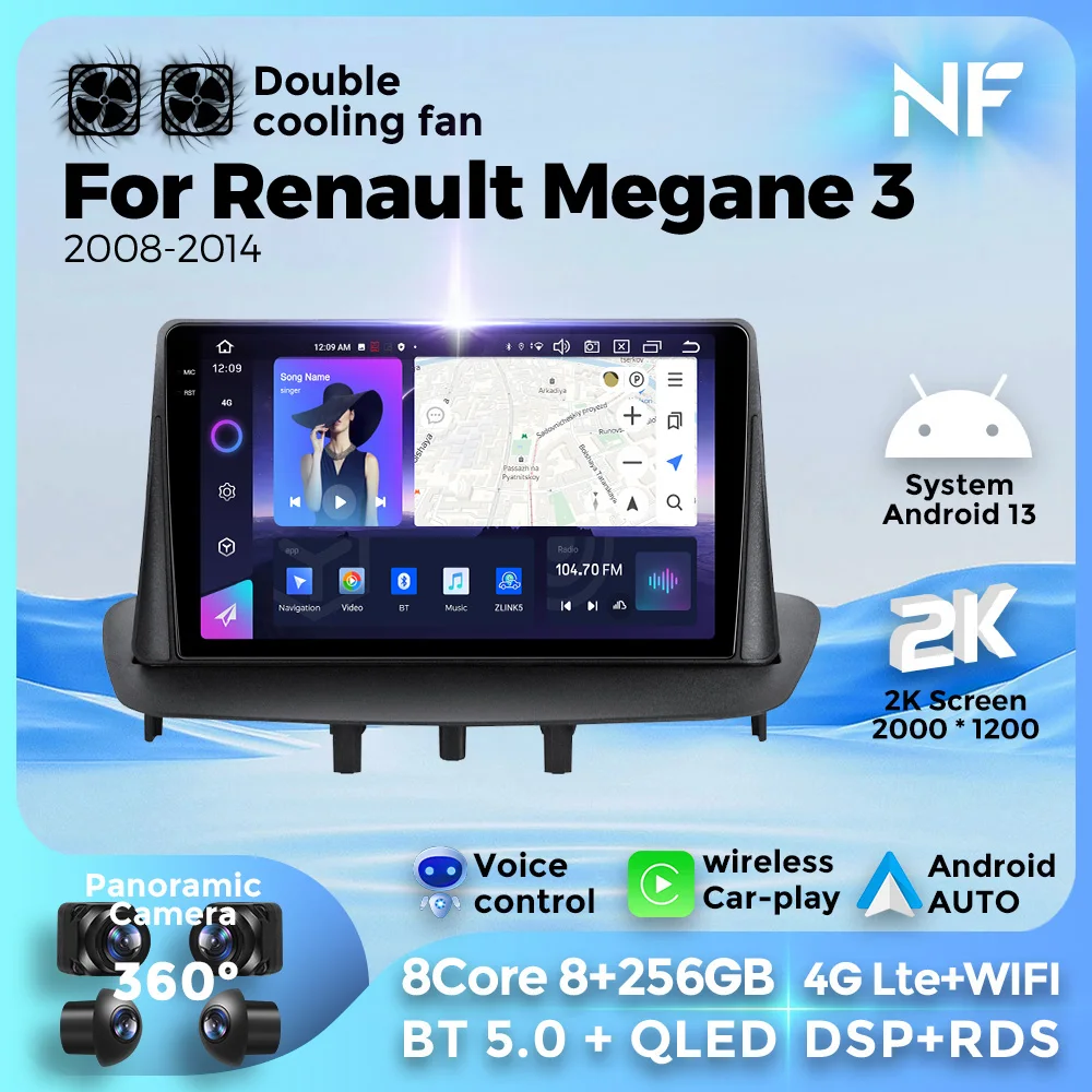 

Автомагнитола на Android 13 для Renault Megane 3 Fluence 2008-2014, мультимедийный видеоплеер с GPS-навигацией для Carplay Auto BT5.0, Wi-Fi