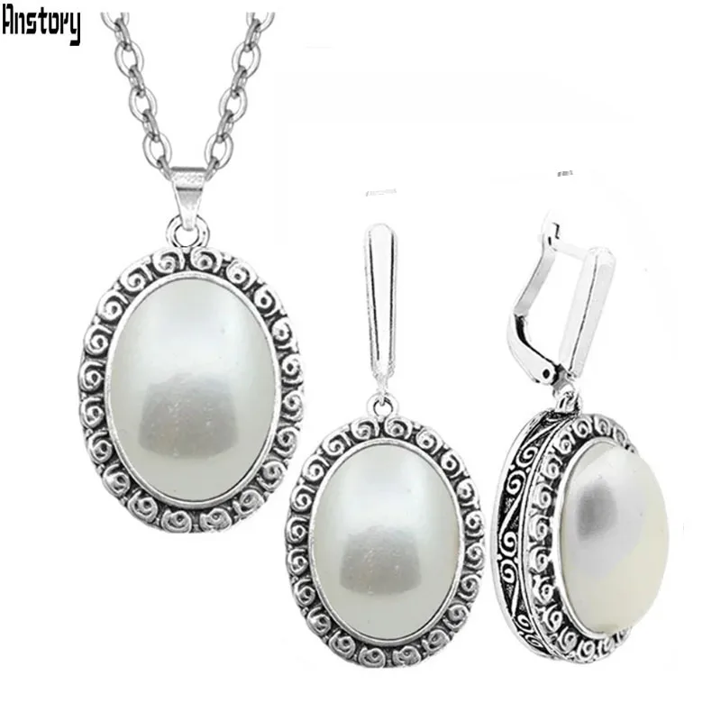 Oval Pearl Necklace Earrings Jewelry Set For Women Stainless Steel Chain Flower Pendant Fashion Jewelry TS345