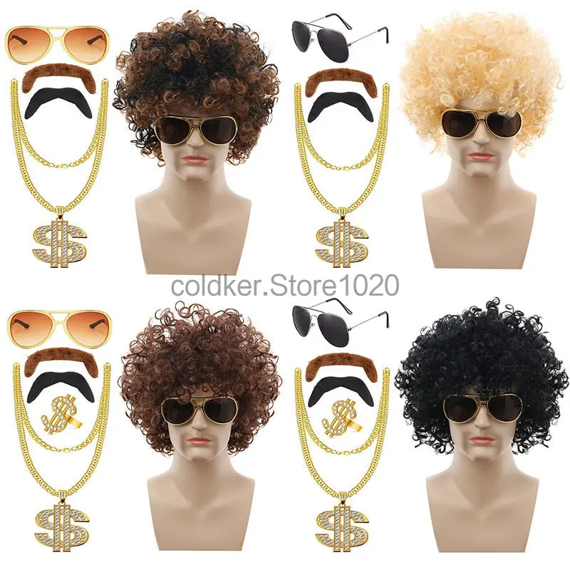 Disfraz de Hippie Disco de los 70 para Hombre, Peluca Afro Rizada de Heavy Metal, Gafas de Sol Punk, Collar, Accesorios de Cantante de Disco para Halloween