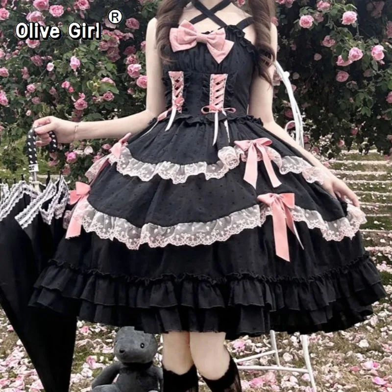 

Olivegirl Harajuku Лолита Готические платья с бретелькой на шее JSK Сексуальное платье с открытыми плечами и длинными рукавами Vestidos Mujer 20226 Платье с тонкой талией и бантом