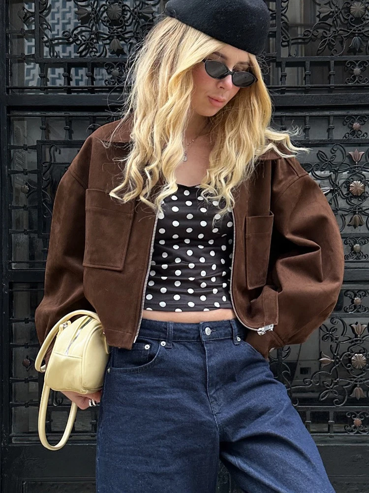 Brown Suede Cropped Jacket Lapel Collar Full Zip Flap Pockets Loose Vintage Streetwear Cargo Outerwear Y2K 202606H
