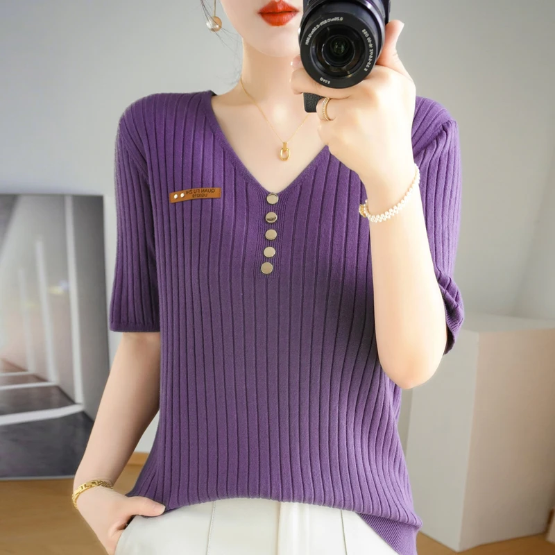 

Women's T-shirt Summer Worsted Knitwear Casual Button Sweater Short Sleeve V Neck Blouse Loose Tops Pullover Tees