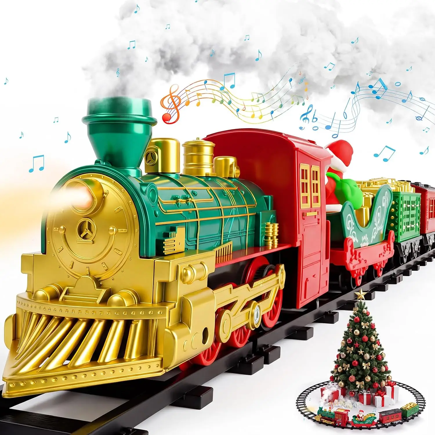 Christmas Toy Train Set, Battery-Operated Electric Train with Lights, Sounds & Smoke Effects, 3 Train Cars and 10 Track Segments Included, Ideal for Kids Ages 3-8
