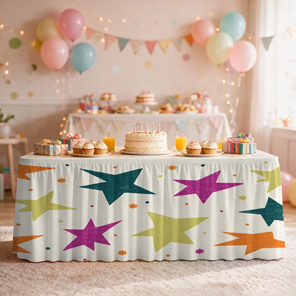 One Halloween-themed tablecloth and table runner with multi-color star pattern