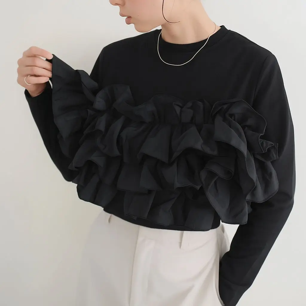 Autumn new cotton long-sleeved heavy industry hand-positioned sewing flowers in a variety of ways to wear cotton top T-shirts