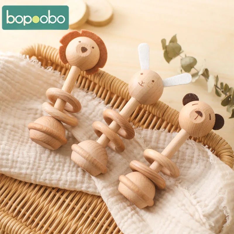 1PC Wooden Montessori Classic Educational Toy Babies Mobile Musical Rattle Toy Animals Lion Teether Toys Children Birthday Gifts