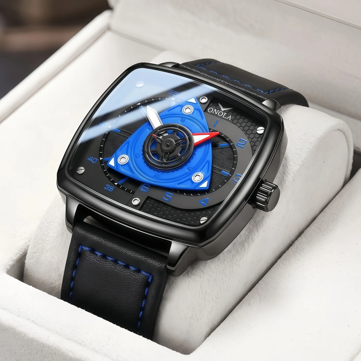 Image of ONOLA Herren-Quarzuhr mit Gehäuse aus Legierung, Lederarmband, einzigartigem rotierendem Zifferblatt im Punk-Racing-Stil, wasserdicht, geeignet für den täglichen Gebrauch.