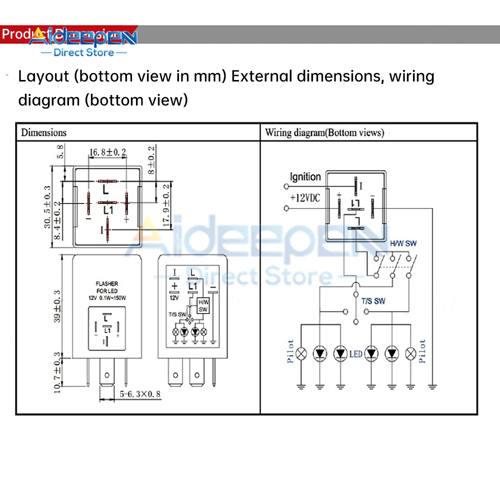 12V 150W EP27 5-pin Car Relay LED Electronic Flasher Relay Five-legged Car Steering Double Flashing LED Light Flashing Relay