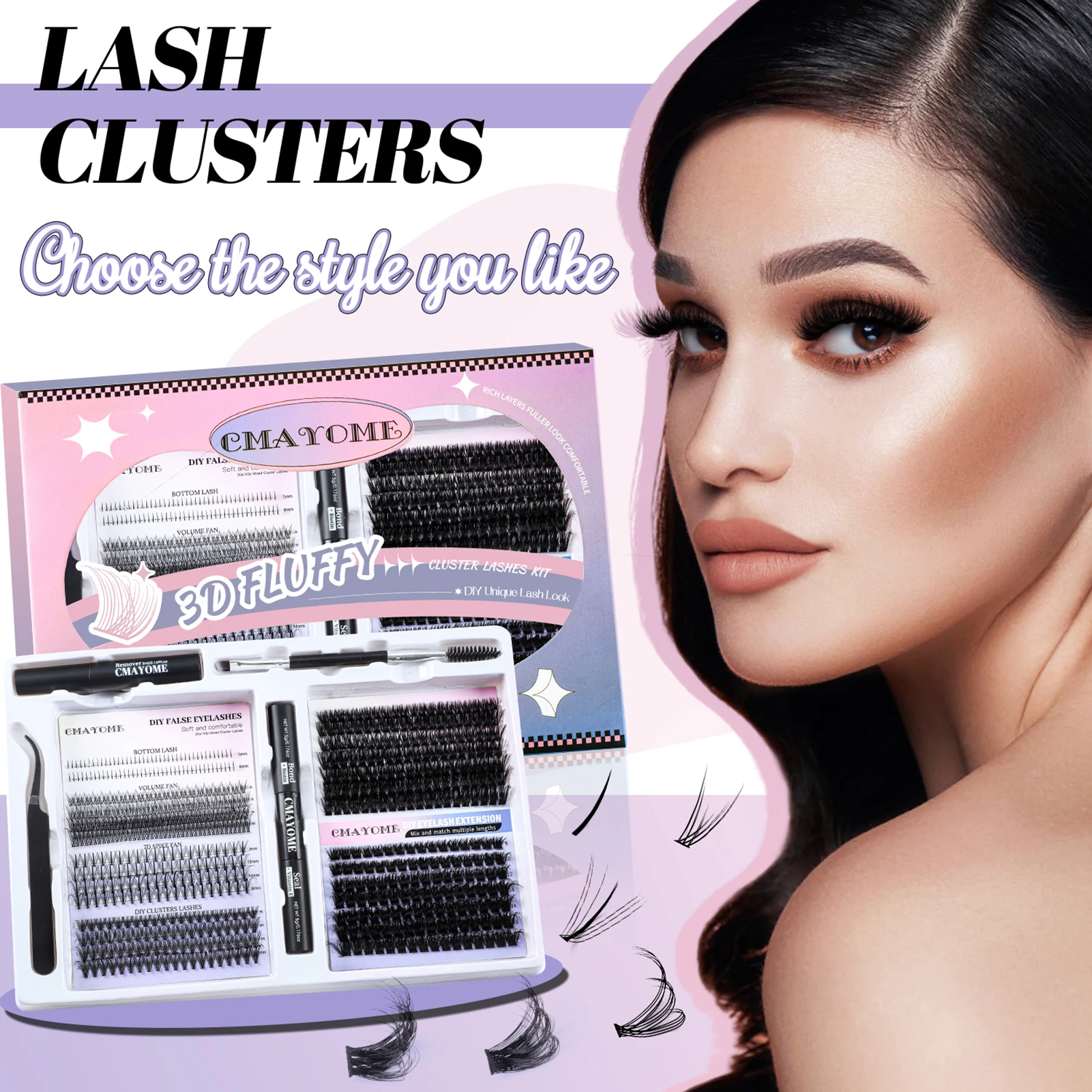 

3D Fluffy Lash clusters set bond and seal glue Applicator D Curl Eyelash Extension Kit Russian volume Lashes Cosplay makeups