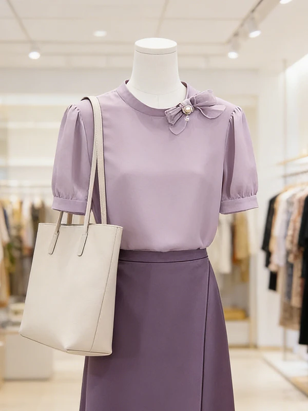 

Large Size Knot Short Sleeve Chiffon Shirt High Waist Slit Midi Skirt Two Piece Set Women's Fashion Summer Outfit