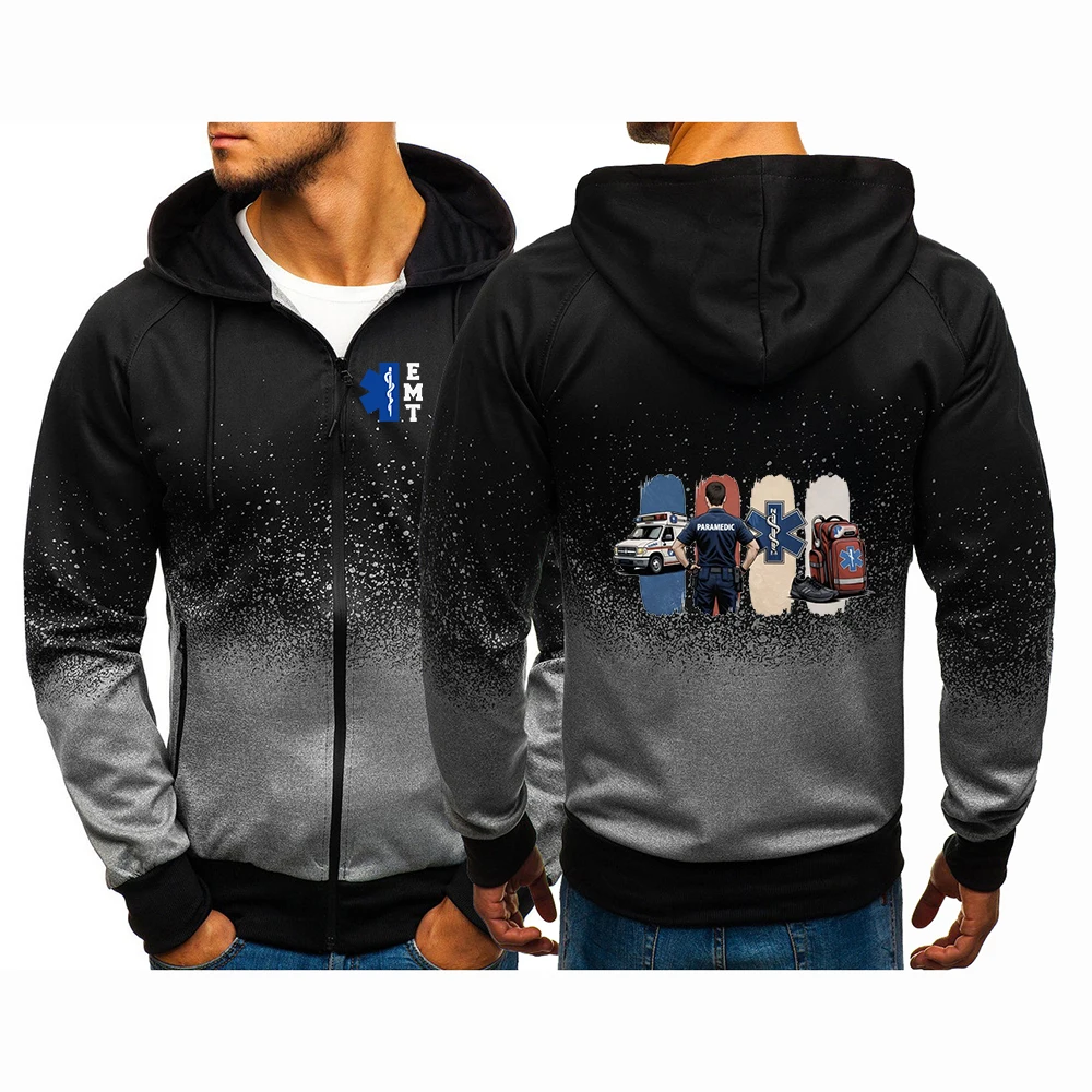 

2026 EMT Emergency Ambulance Print Spring And Autumn Men's New Gradient Color Zipper Jacket Casual Cotton Harajuku Coat