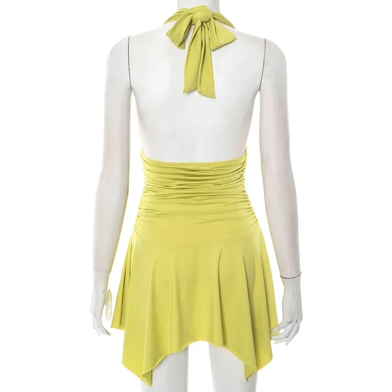 Lace Up Bandage Halter Strand Urlaub Mini Unregelmäßige Kleid Outfits Frauen Sommer Backless Ärmellose A-linie Kleider Streetwear