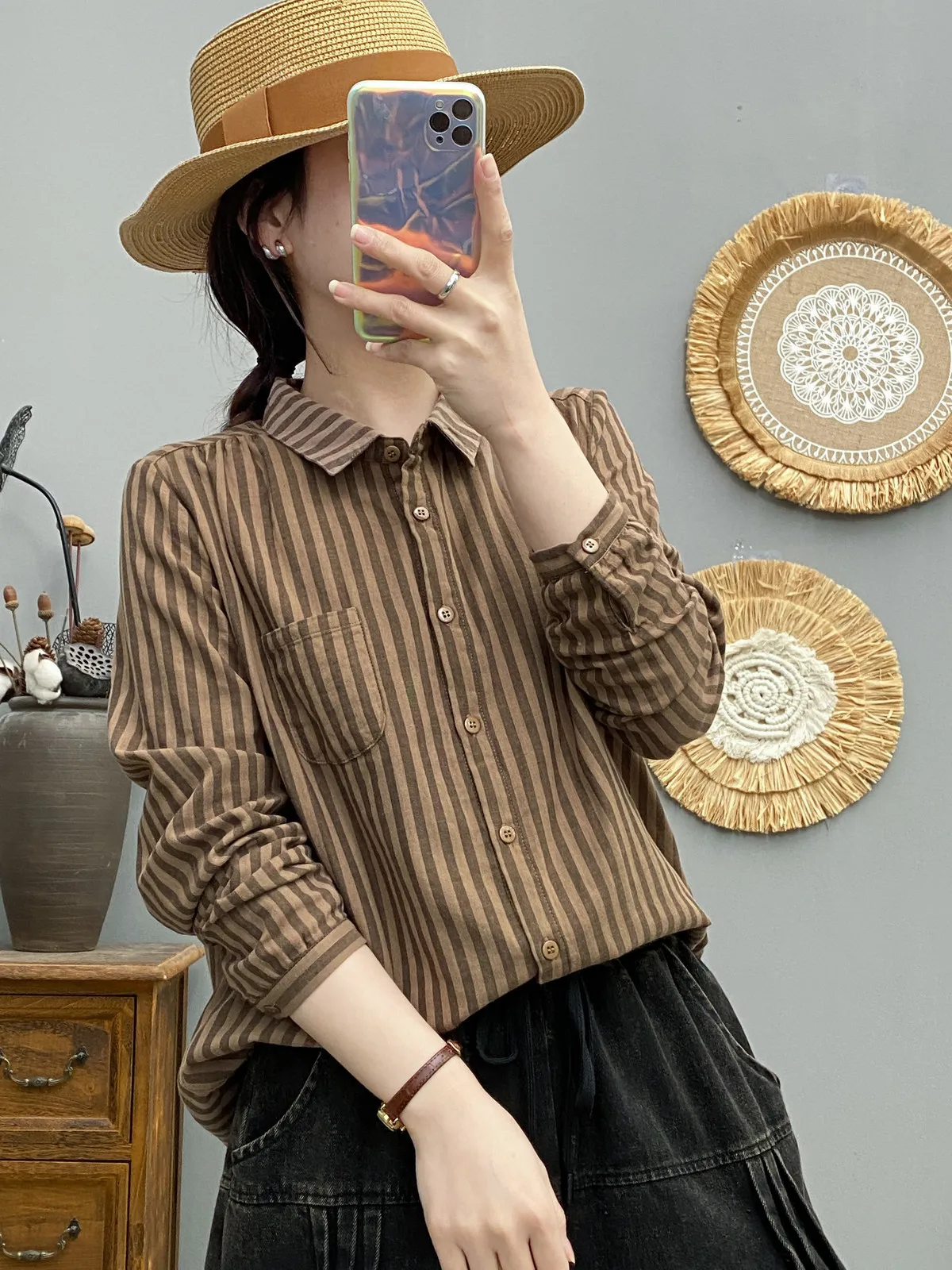 New Summer Cotton Yarn Long Sleeve Shirts, Women Polo Collar Stripe Tops, Mori Girl Casual Loose Blouses, 2024 Autumn T48418QM