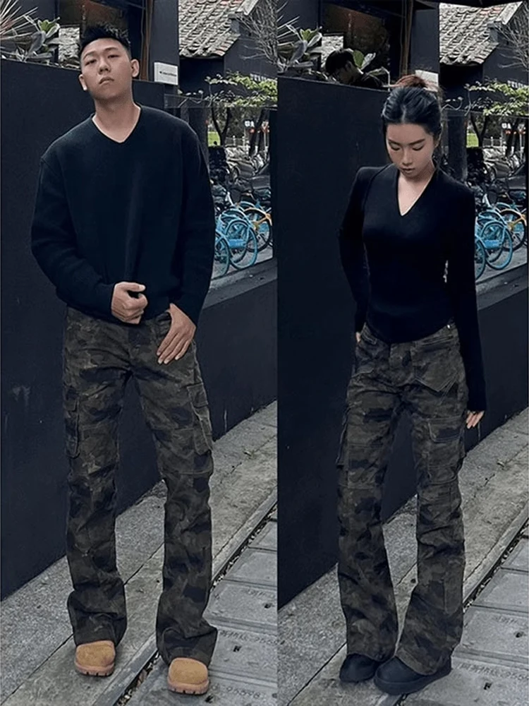 

Американские камуфляжные рабочие брюки High Street, мужские осенне-зимние винтажные модные брендовые расклешенные брюки для похудения