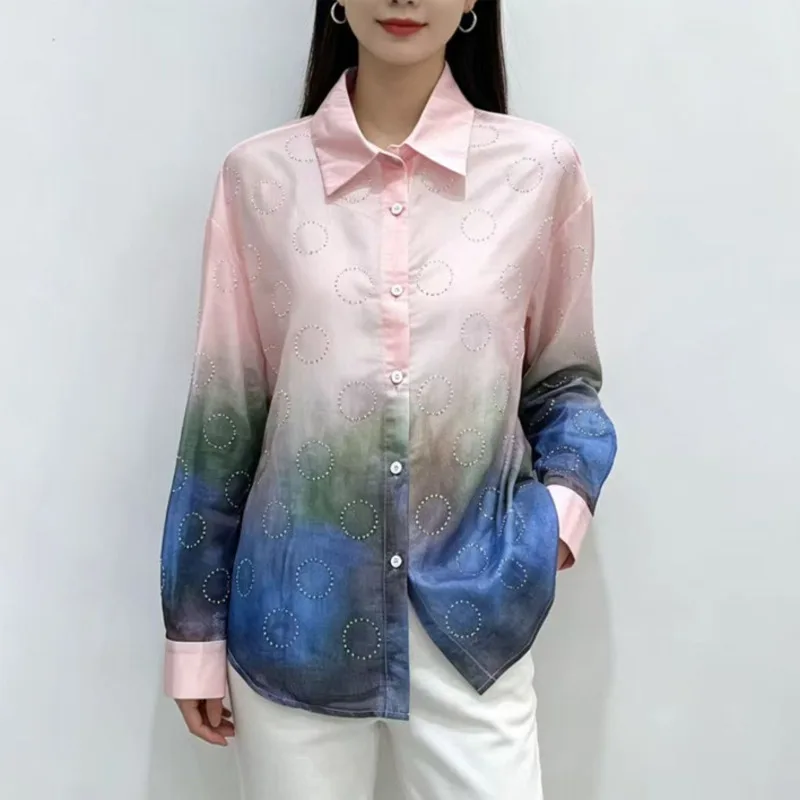 ANJY Spring Autumn New Women European Style Elegant Fashion Circular Pattern Gradient Loose Long Sleeve Lightweight Shirt A23939