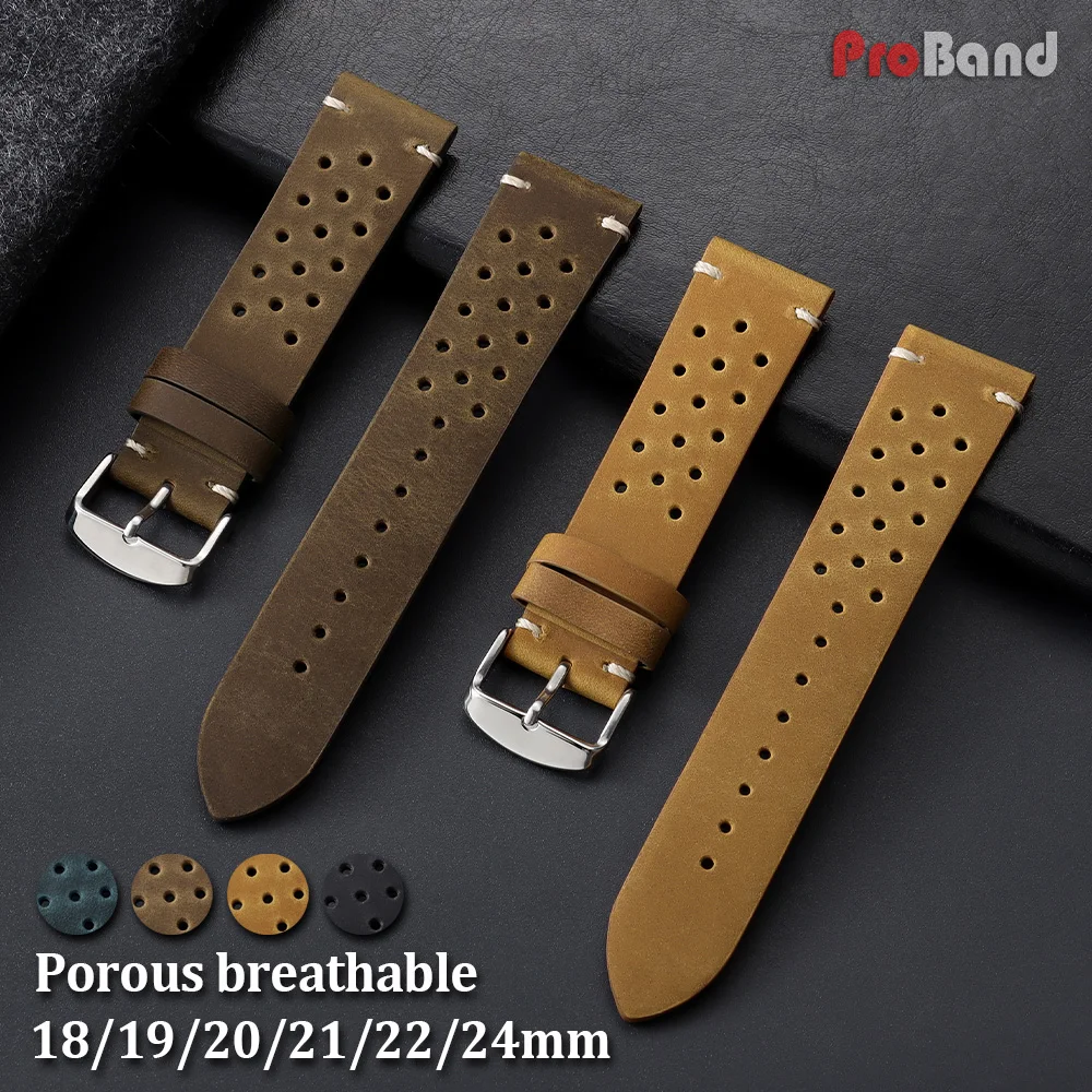 18mm 19mm 20mm 21mm 22mm 24mm Watch Straps Brown Blue Black Belt Breathable Porous Watchbands Vintage Racing Leather Watch Strap