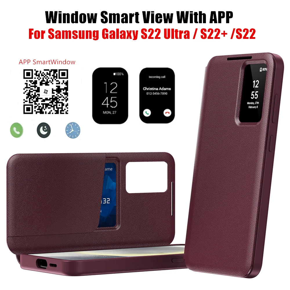 

Window View Smart APP Leather Cases For Samsung Galaxy S22 Ultra S22+ S22Plus Smart Cover Flip-free Answer Calls Sleep Awake