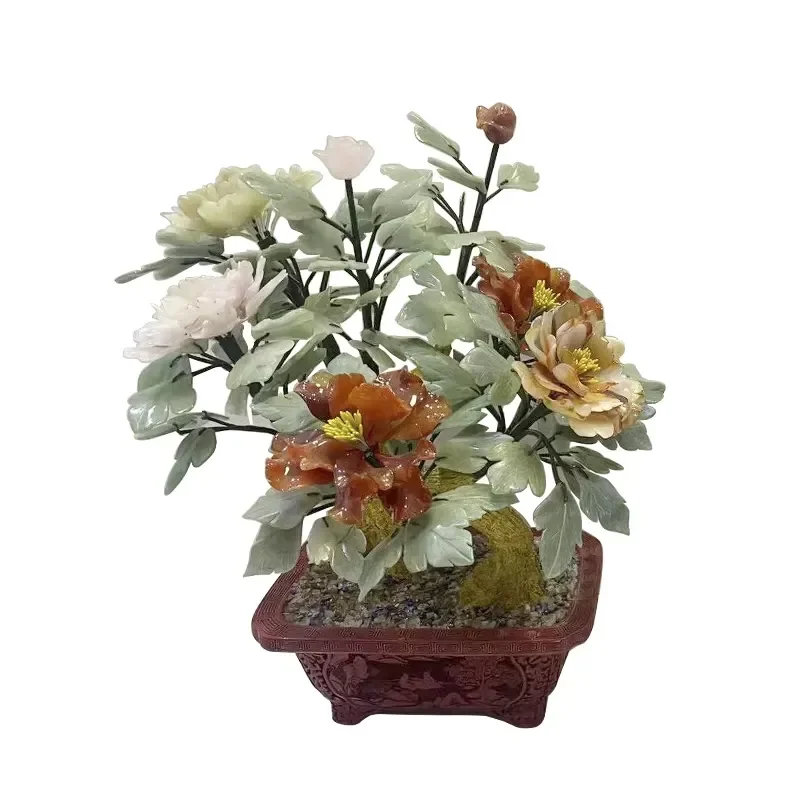 Natural Jade Peony Flower Tree Large Bonsai Potted Plant Home Decor Living Room Decoration Jade Crafts Ornaments for Interior