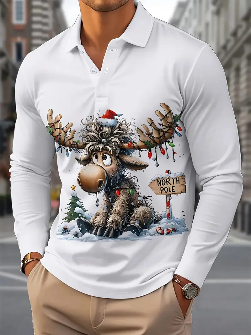 

3D Print Christmas Reindeer Graphic Polo Shirts Festival Party Long Sleeve Button Lapel Top For Men Autumn Winter Casual Clothes