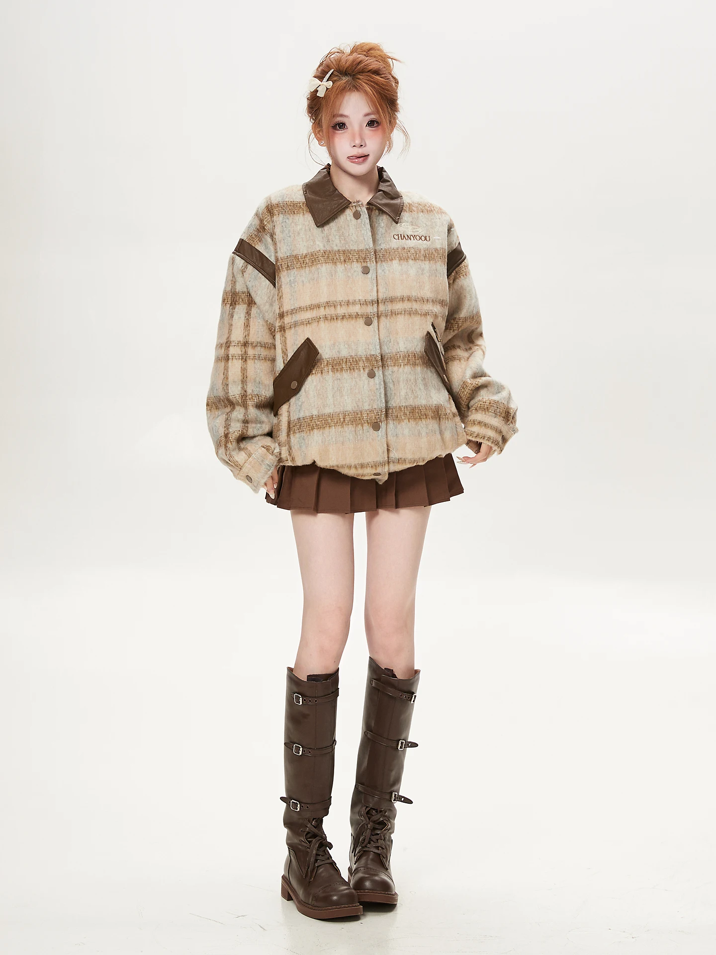 Ant American Retro Patchwork PU Leather Collar Plaid Woolen Coat Women Autumn Winter Loose Cotton Jacket Ladies Outerwear