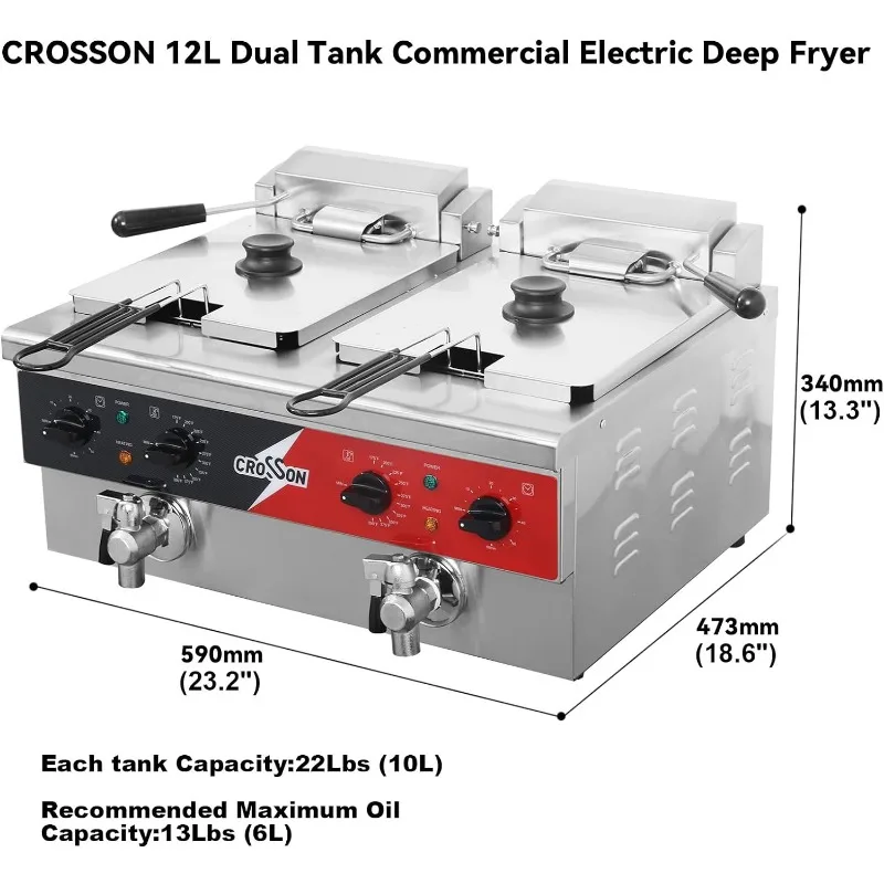 Freidora eléctrica de doble tanque con drenaje, cesta sólida y tapa para restaurante y uso doméstico, 120V,3600W, de acero inoxidable, 12L