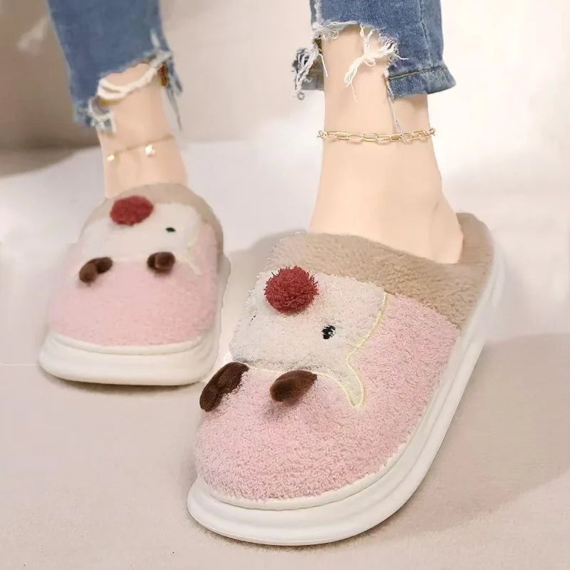 Winter Christmas Women Home Slippers Men Indoor Soft Non-slip Sandals Couples Warm Plush Flat Slides Adults Unisex Lovely Shoes