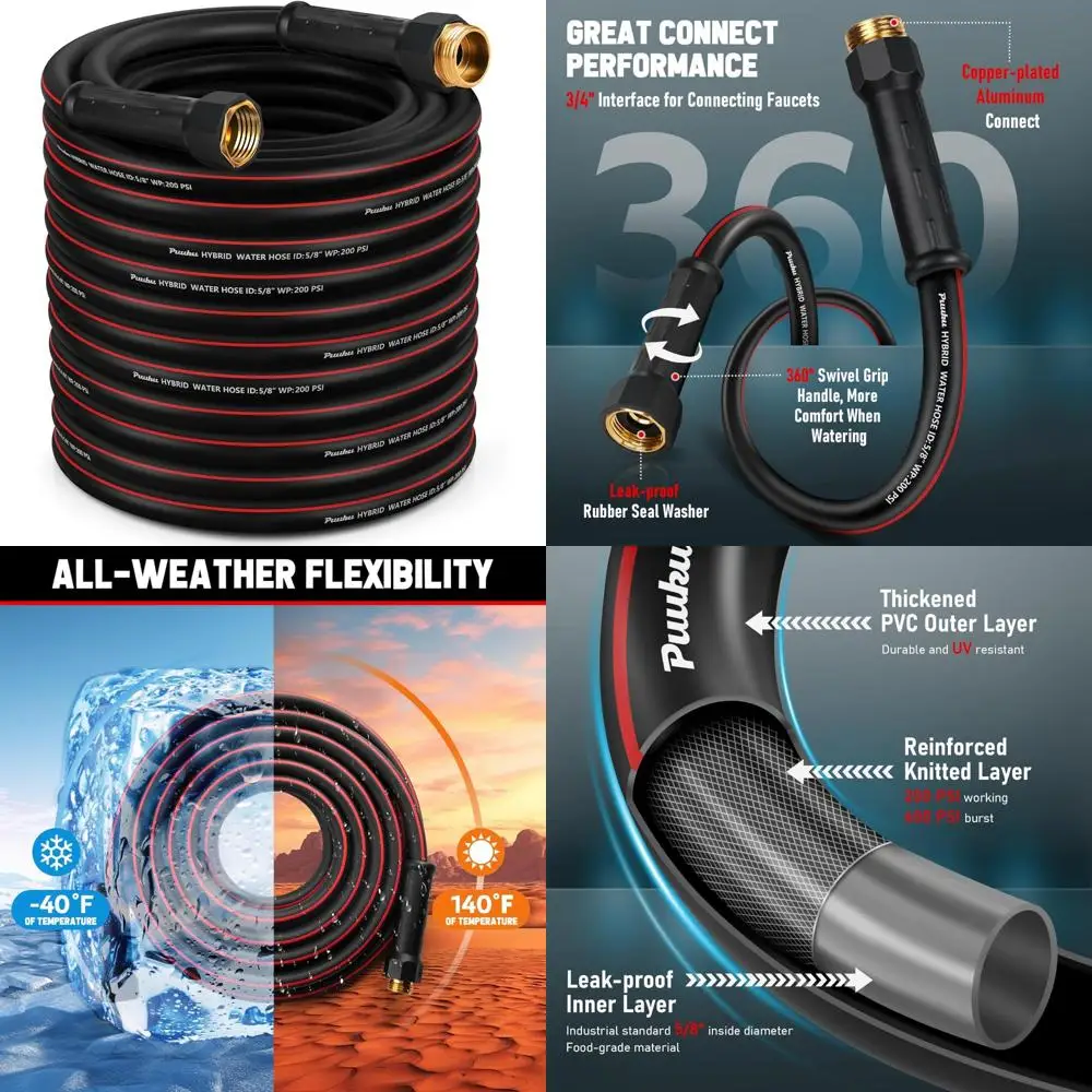 

Heavy-Duty 100ft Flexible Water Hose, 5/8 Inch, Non-Expandable, Kink-Free, Leakproof, Lightweight Hybrid for Outdoor Use