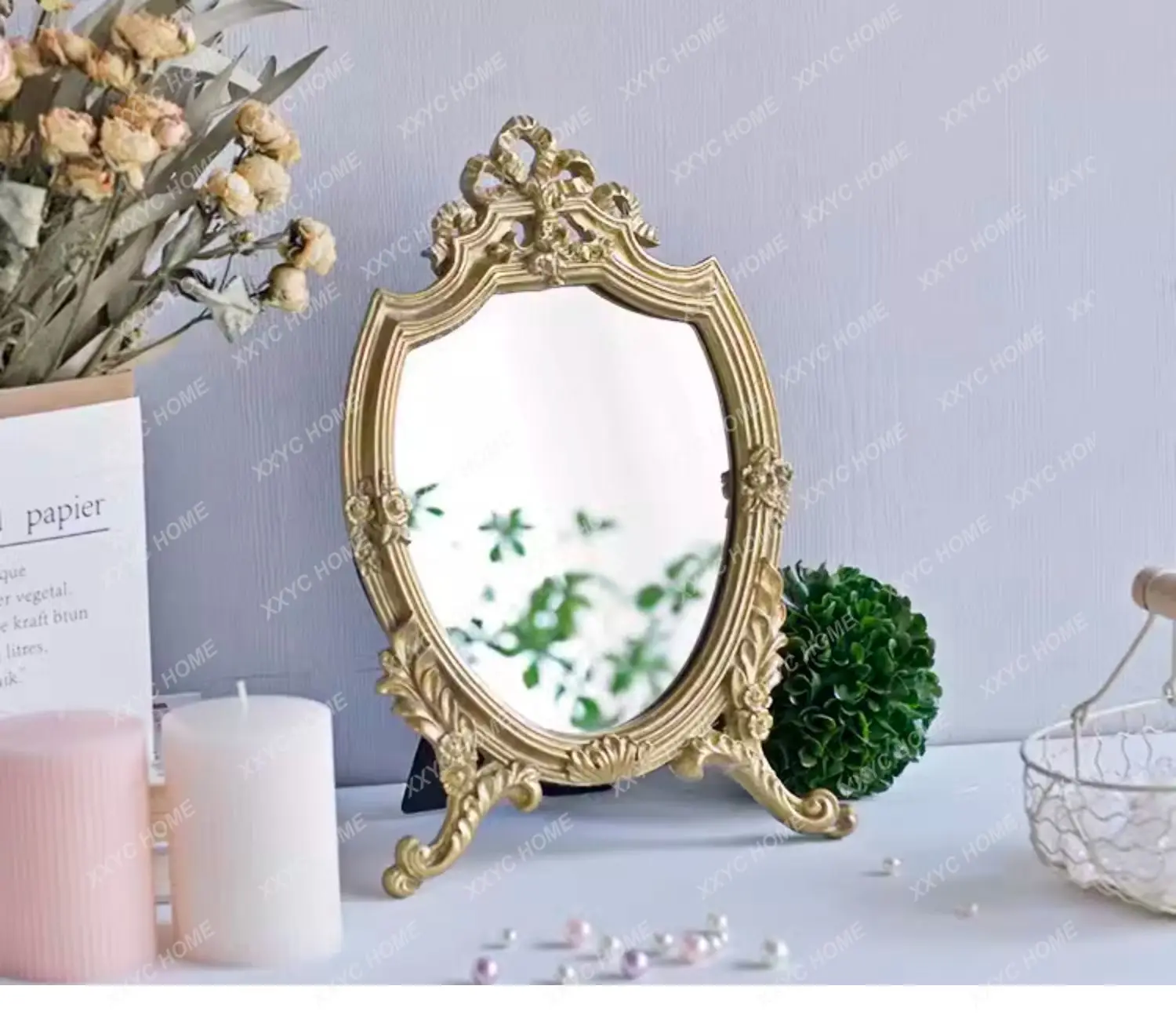 

zqq1French retro light luxury court style gold makeup dressing mirror dresser ornament