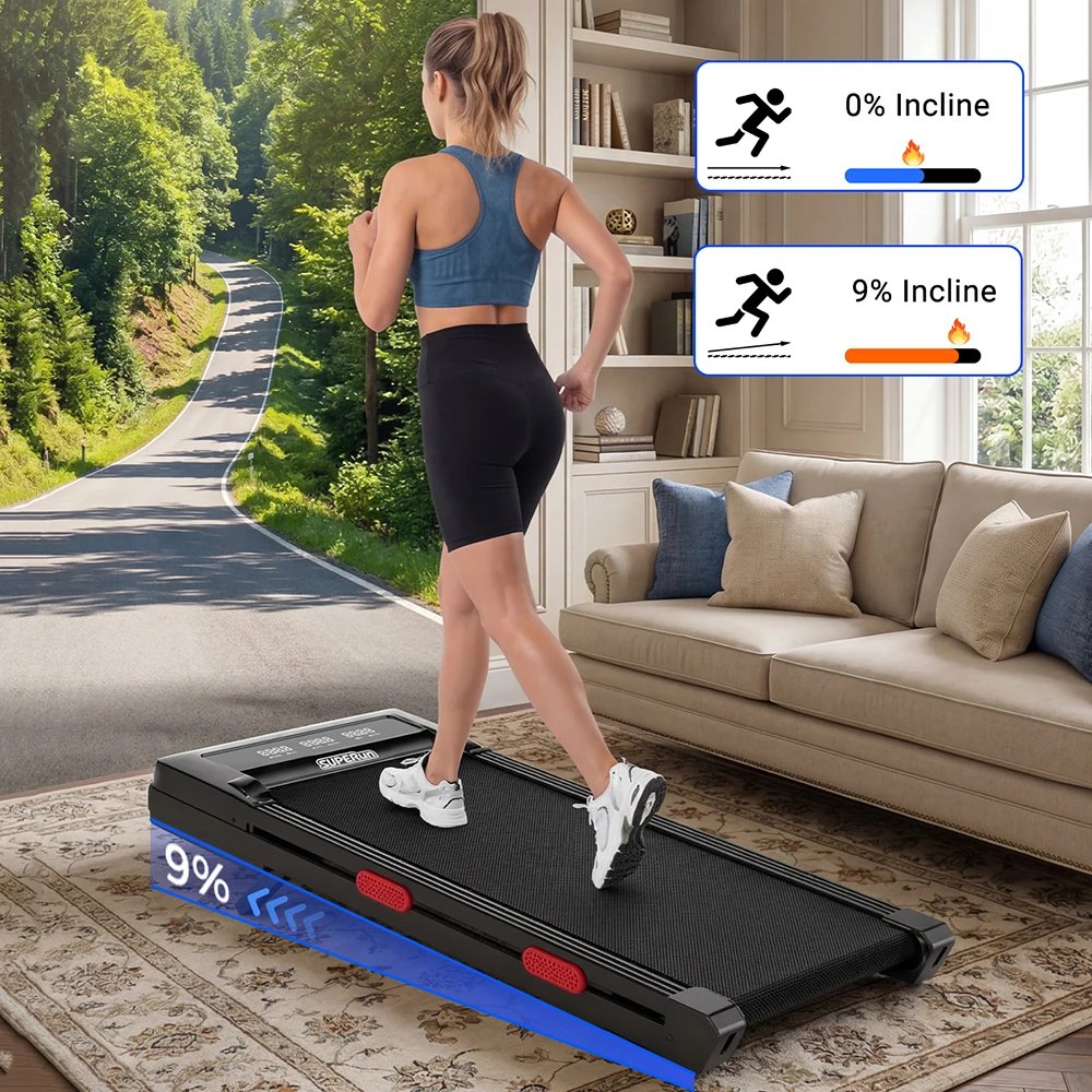 3.0HP Raceable Walking Pad Under Desk Treadmill with 9% Incline Adjustable Speed 1-6KM/H LCD Screen Display 136KG Load For Home