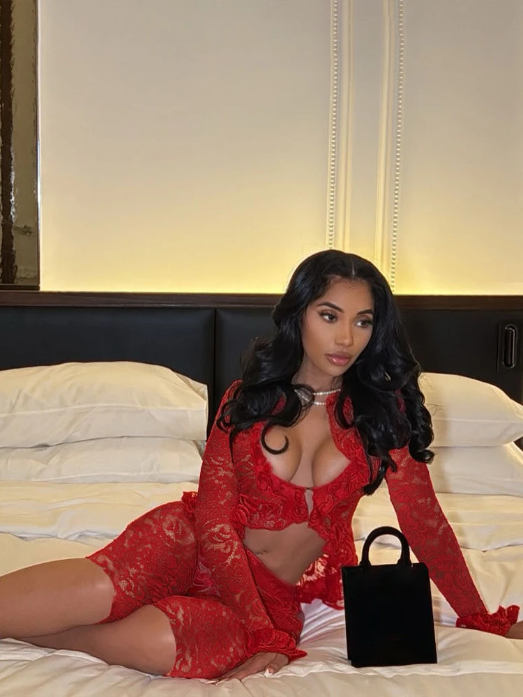 Cutenew Kant Geborduurde Vrouwen Shorts Set Sexy Hot Sheer Ruches Trim V-hals Volledige Mouw Tops + Bijpassende Bodems Mujer Club 2-delig