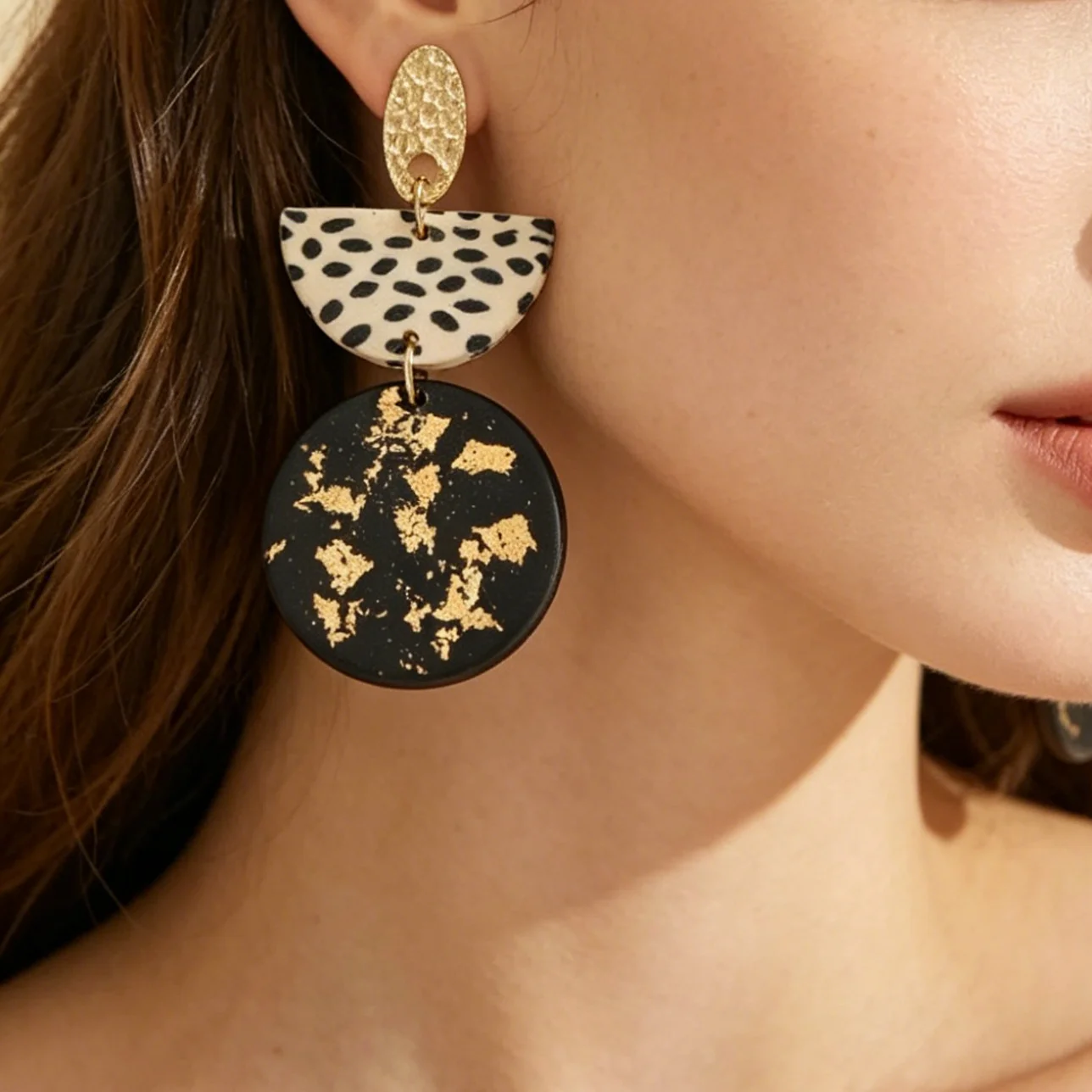 Matte Animal Print Statement Polymer Clay Earrings Bold Gold Foil Splatter Leopard Pattern Dangle Geometric Drop Chic Summer