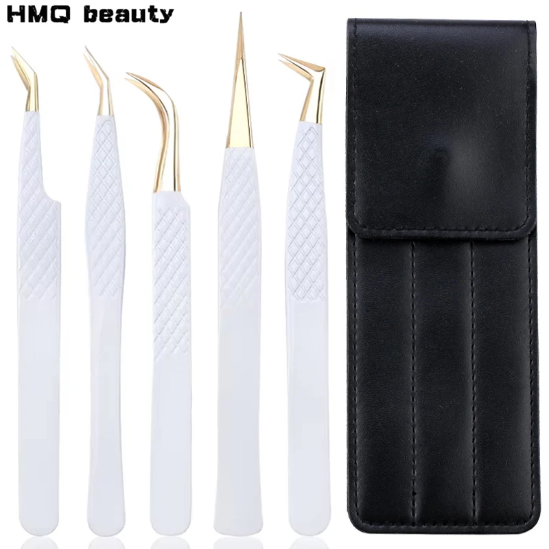 Stainless Steel Tweezers Set White-gold Bent and Straight Tweezer For Eyelash Extension Leather Case High Precision Makeup Tools