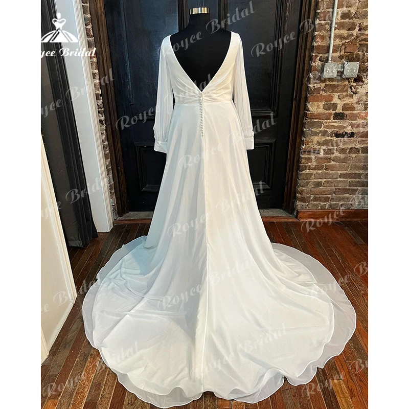 Simple Long Sleeves Boho Wedding Dresses V Neck Sexy Backless Beach Chiffon Bridal Gowns Sweep Train robe de soiree de mariage