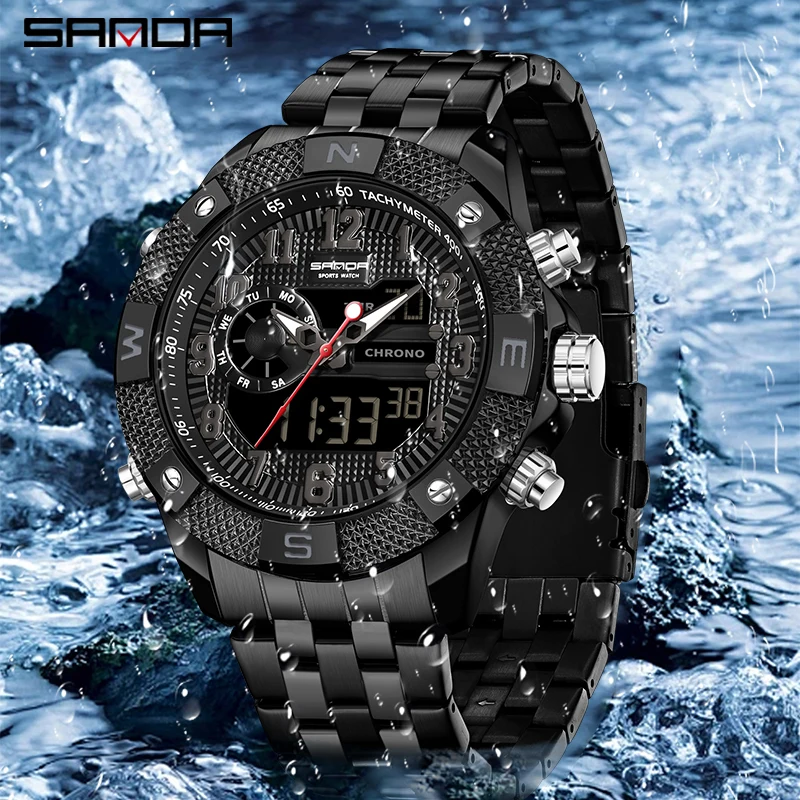 SANDA New Men Wristwatch Military Sport Waterproof LED Digital Clock Stainless Steel Electron Quartz Watch Hot Relogio Masculino