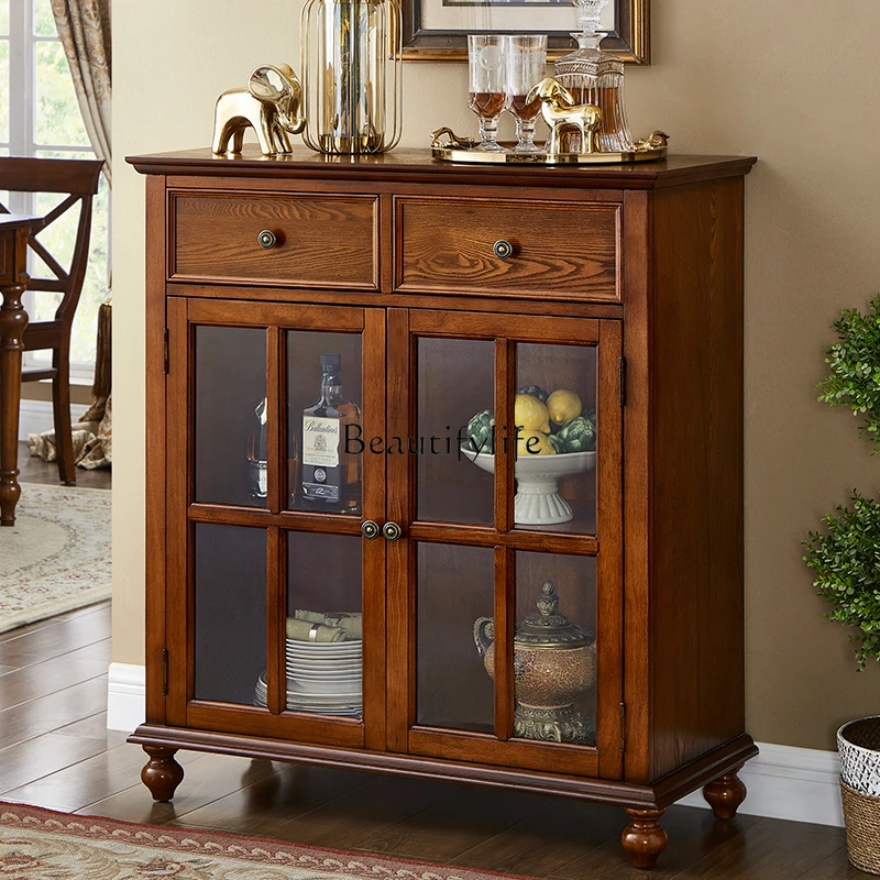 

yj9 Solid Wood Sideboard Cabinet Wall Retro Glass Double Door Storage Low Cabinet