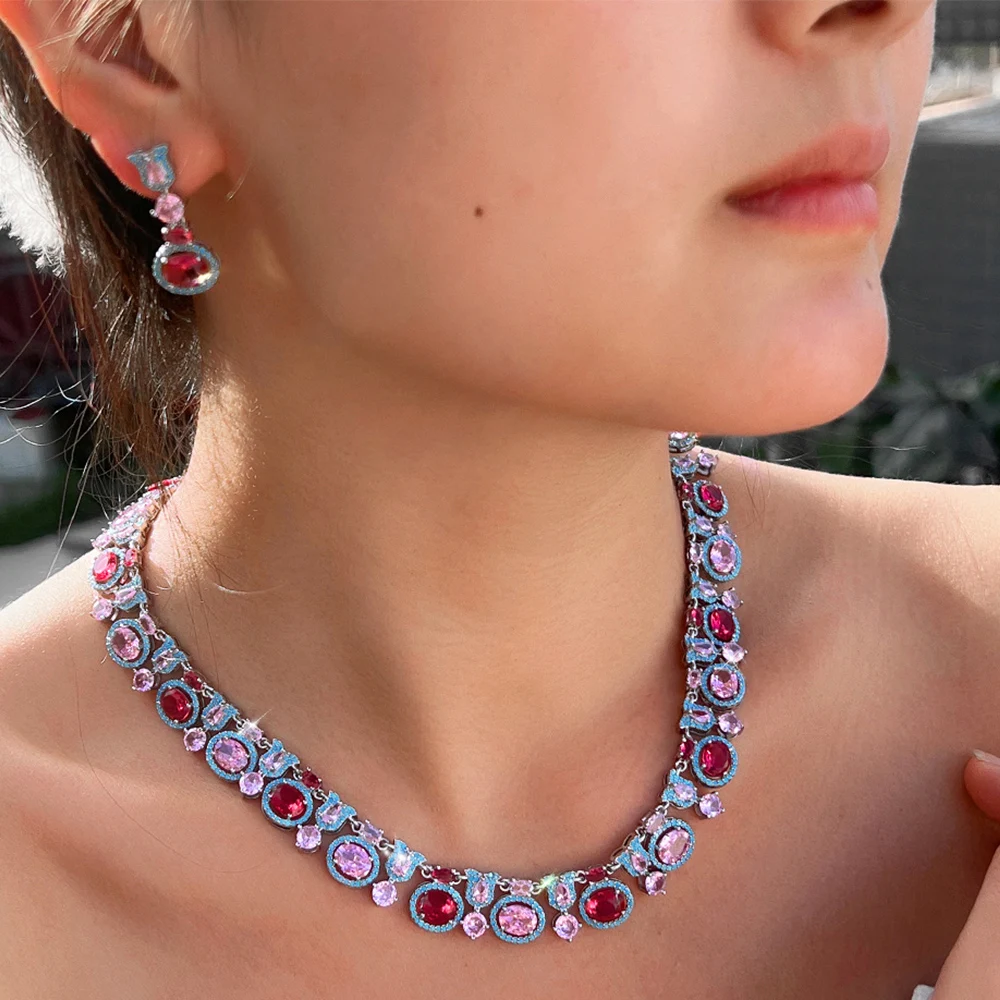 BeaQueen Luxury Multi‑Color CZ 2Pcs Necklace Dangle Earrings Set Turquoise Inlay Bridal Wedding Banquet Colorful Jewelry T0997