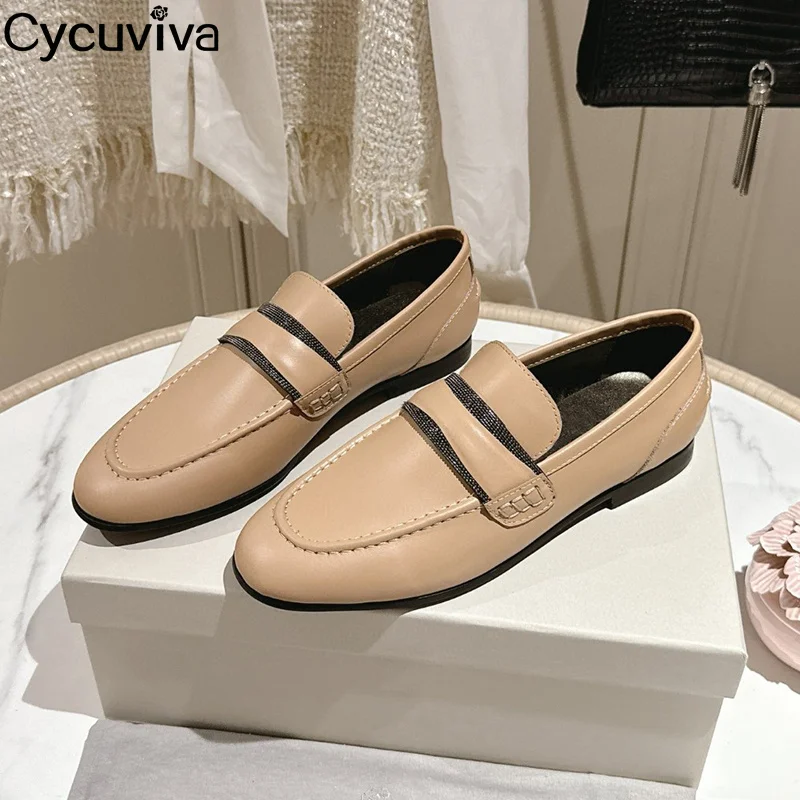 Mocasines planos de piel auténtica para mujer, zapatos de vestir minimalistas de punta redonda, color blanco puro, informales, cómodos para caminar, novedad