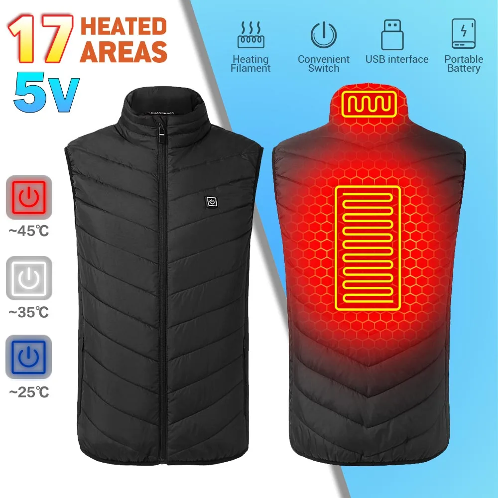 

Winter Heated Vest Anti-freeze Clothing Warm Vest USB Powered Clothing 17 Areas Clothes Hunting Ski Heating Jacket Heating Vest