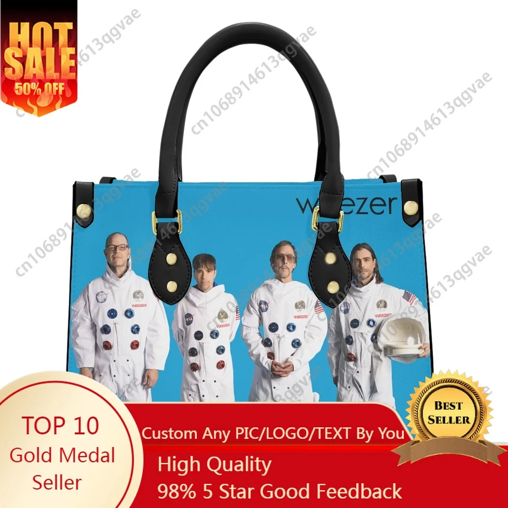 

2025 New Weezer Pop Rock Band Tote Bag Purse Womens Mens Personalized Text Image PU Leather Handbag Business Shopping Gift Bags